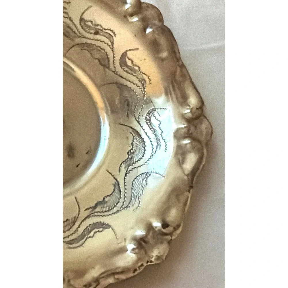 Vintage Tea Glass Holder and Saucer Set of 4 Silver Tone Etched Floral Ornate